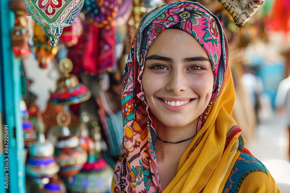 Fototapeta premium Young woman wearing colorful hijab smiling in a blurred oriental market
