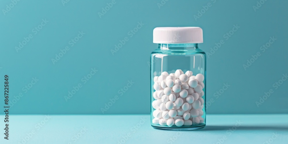 Glass bottle filled with white pills on blue background Glass bottle filled with white pills on blue background