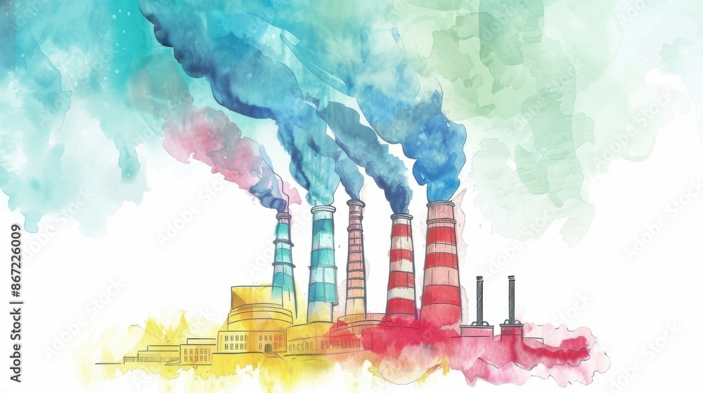 Fototapeta premium Abstract watercolor illustration of factory chimneys emitting colorful smoke, highlighting air pollution and environmental impact.
