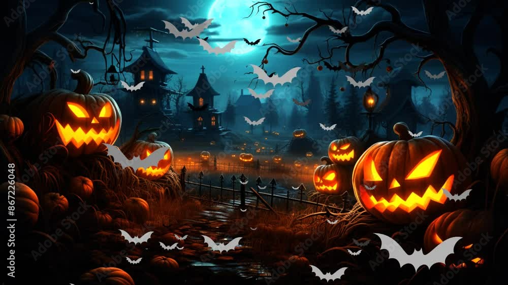 16 seconds of Halloween town with house scene and pumpkin, bats flying out of picture, hd video 1920 1080, animation, motion graphics 16 seconds of Halloween town with house scene and pumpkin, bats flying out of picture, hd video 1920 1080, animation, motion graphics