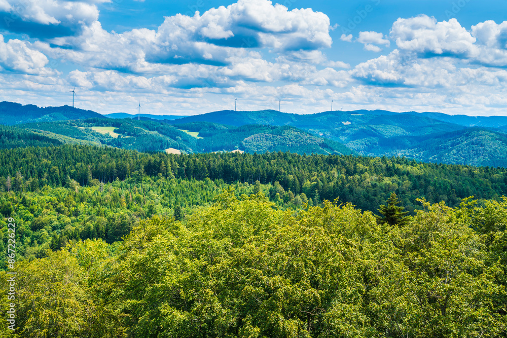Germany, Aerial panorama nature scenery view above schwarzwald tree covered mountains near haslach im kinzigtal, sunny day in summer vacation time