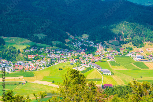 Obraz na płótnie Germany, Aerial panorama nature landscape view above schwarzwald village fischerbach im kinzigtal above the green tree tops of the forest, sunny day w salonie