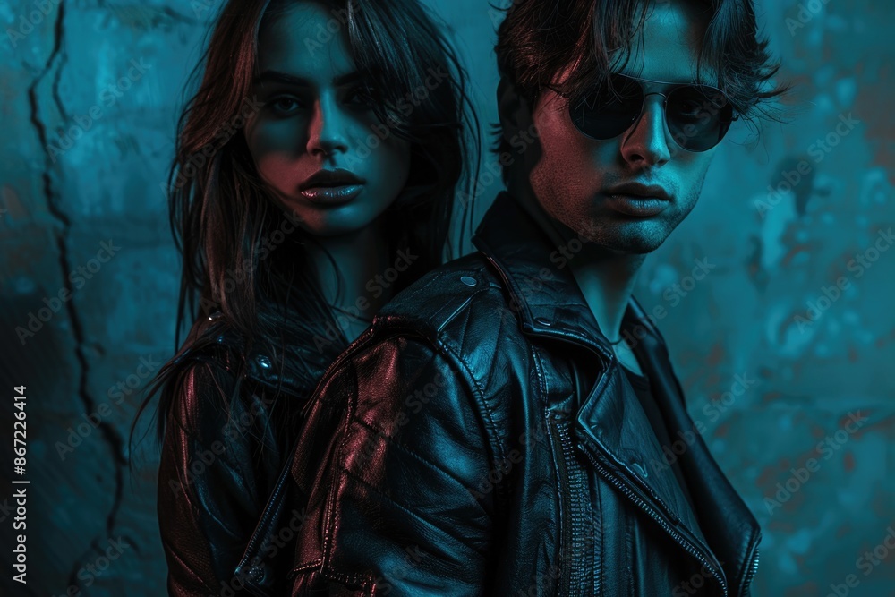 Couple wearing leather jackets in front of wall Couple wearing leather jackets in front of wall