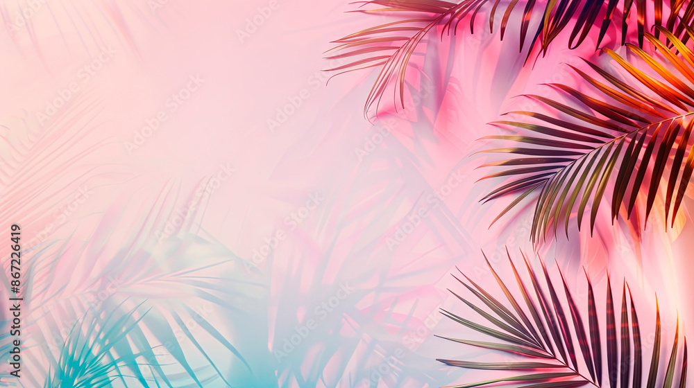 Tropical palm leaves in vibrant colors casting shadows on a soft, pastel gradient background. Ideal for summer, tropical, and nature-themed content. Suitable for invitations, cards, and design project Tropical palm leaves in vibrant colors casting shadows on a soft, pastel gradient background. Ideal for summer, tropical, and nature-themed content. Suitable for invitations, cards, and design project