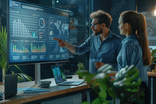 business instrument, the colleagues discussing strategy at a conference , they point a projection screen showing a detailed business presentation with growth charts and future forecasts