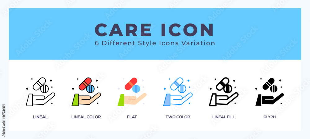 Care icon set with different styles. Icons designed in filled. outline. flat. glyph and line colored. Care icon set with different styles. Icons designed in filled. outline. flat. glyph and line colored.