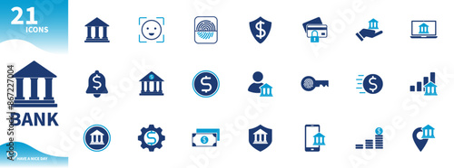 Bank icon. Set of icons for finance, money, security, biometrics, bank location, internet banking. Solid vector icons