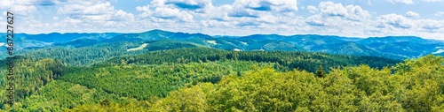 Obraz na płótnie Germany, XXL aerial panorama nature scenery view above black forest tree tops, mountains, valleys, sunny day near haslach im kinzigtal in summer w salonie