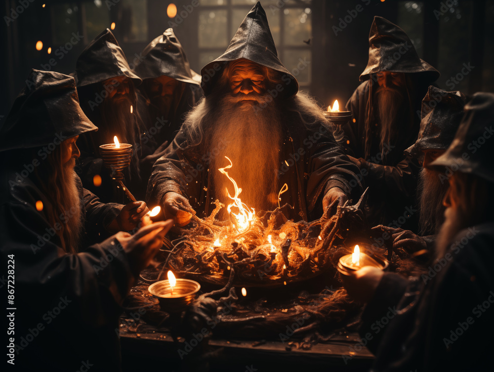 Witches in Dark Robes and Pointy Hats Around a Bubbling Cauldron in a Forest Witches in Dark Robes and Pointy Hats Around a Bubbling Cauldron in a Forest