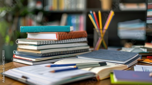 A close-up of a well-organized desk with open textbooks, notebooks, pens, and pencils. The scene is ideal for tutoring services and educational centers. Generative AI