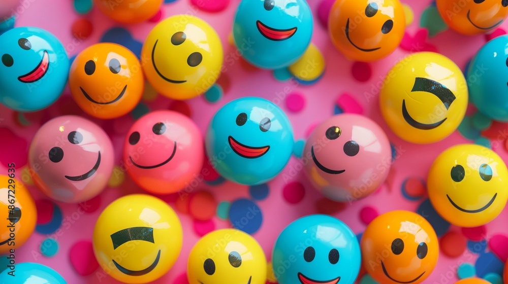 Obraz premium A Collection of Colorful Emoji Balls on a Polka Dot Background