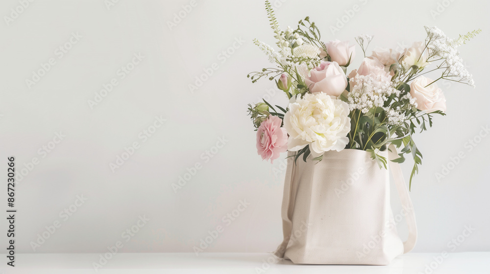 Canvas bag with assorted flowers like tulips, lilies, and hydrangeas on minimalist white backdrop. Ideal for spring ads.
Canvas bag with assorted flowers like tulips, lilies, and hydrangeas on minimalist white backdrop. Ideal for spring ads.