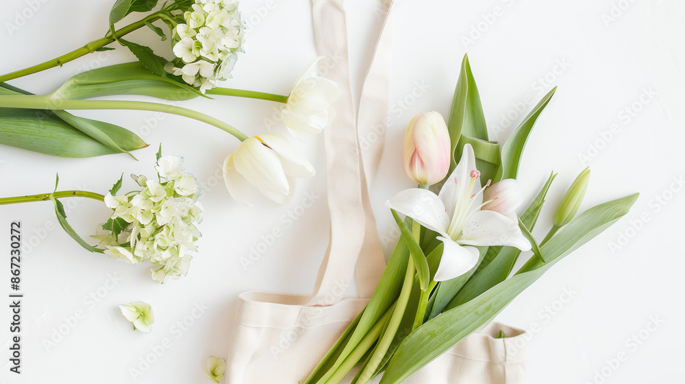 Eco-friendly bag with tulips, lilies, and hydrangeas on white background. Great for spring advertising.
Eco-friendly bag with tulips, lilies, and hydrangeas on white background. Great for spring advertising.