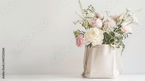 Wallpaper Mural Canvas bag with assorted flowers like tulips, lilies, and hydrangeas on minimalist white backdrop. Ideal for spring ads.

 Torontodigital.ca
