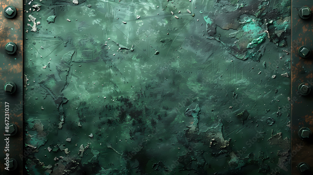 Close-up of weathered and textured metallic surface with bolts on the sides, showcasing an aged, green patina. Close-up of weathered and textured metallic surface with bolts on the sides, showcasing an aged, green patina.