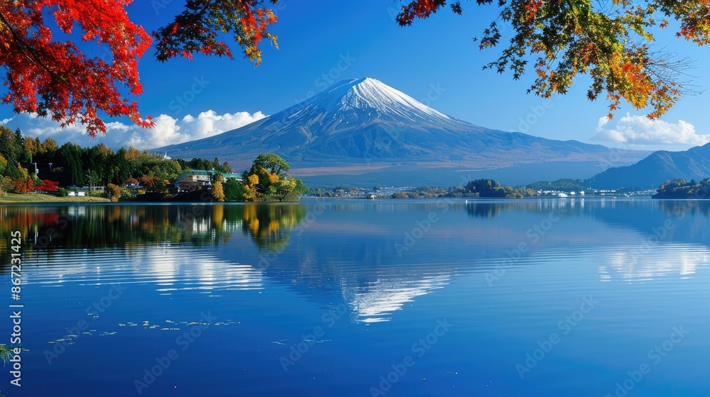 Fototapeta premium Japanese serenity: Mount Fuji, reflected in the tranquil waters of Lake Kawaguchi, showcasing its natural beauty and allure for tourists