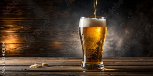 beer is poured into glass of beer, cold beer, drops running down the glass photo