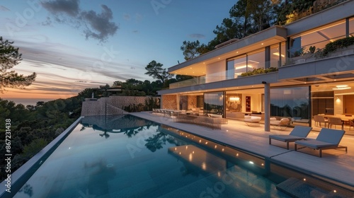 Sustainable luxury modern seaside villa with pool at dusk
