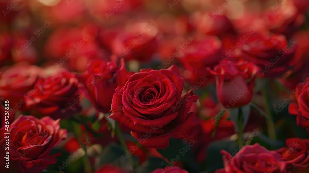 Passionate petals: Countless red roses with a gently blurred background, emphasizing their deep, passionate hue and velvety texture Passionate petals: Countless red roses with a gently blurred background, emphasizing their deep, passionate hue and velvety texture