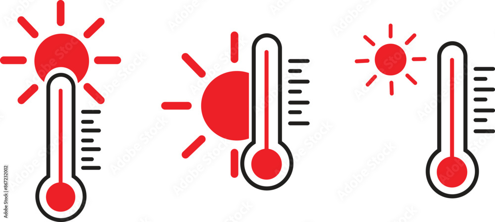 Hot thermometer icons Set. Temperature signs. High temperature on measuring sсale. Meteorological measurements weather in summer. Control level heating of equipment isolated on transparent background. Hot thermometer icons Set. Temperature signs. High temperature on measuring sсale. Meteorological measurements weather in summer. Control level heating of equipment isolated on transparent background.