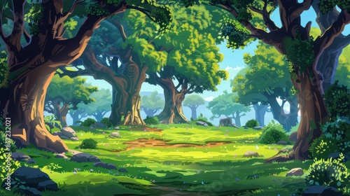 Enchanting cartoon forest landscape with lush green trees, vibrant colors, and a peaceful atmosphere. Ideal background for fantasy, adventure, and nature scenes.