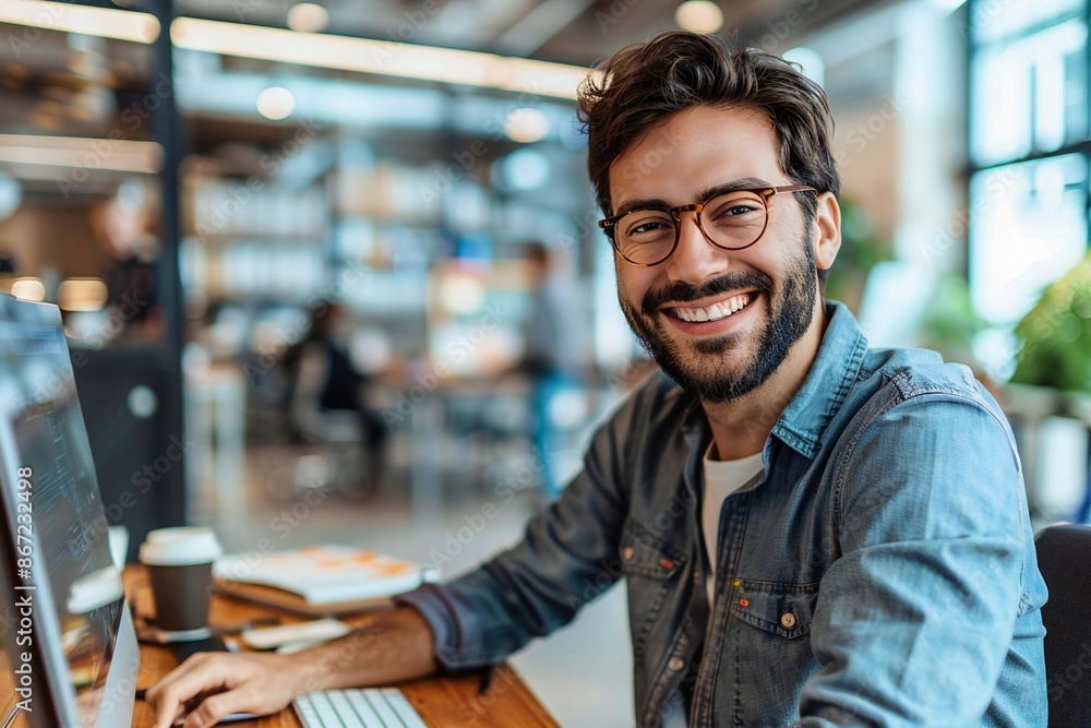Young businessman with a well-groomed beard and wearing eyeglasses, sitting at his desk and working on the computer, smiling and drinking coffee. Young businessman with a well-groomed beard and wearing eyeglasses, sitting at his desk and working on the computer, smiling and drinking coffee.