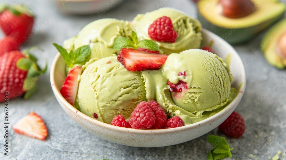 A bowl of creamy vegan ice cream made with the smoothness of avocado oil and studded with chunks of fresh fruit. A bowl of creamy vegan ice cream made with the smoothness of avocado oil and studded with chunks of fresh fruit.
