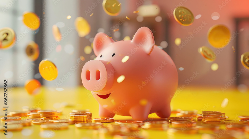 A cheerful pink piggy bank surrounded by floating gold coins, symbolizing savings and financial growth. A cheerful pink piggy bank surrounded by floating gold coins, symbolizing savings and financial growth.