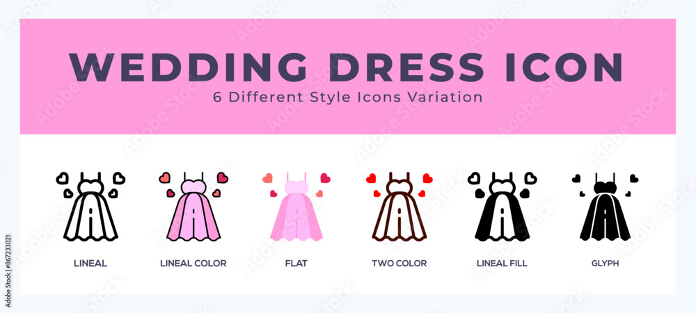 Wedding dress icon set. outline. glyph black. flat color and filled line color Wedding dress icon set. outline. glyph black. flat color and filled line color