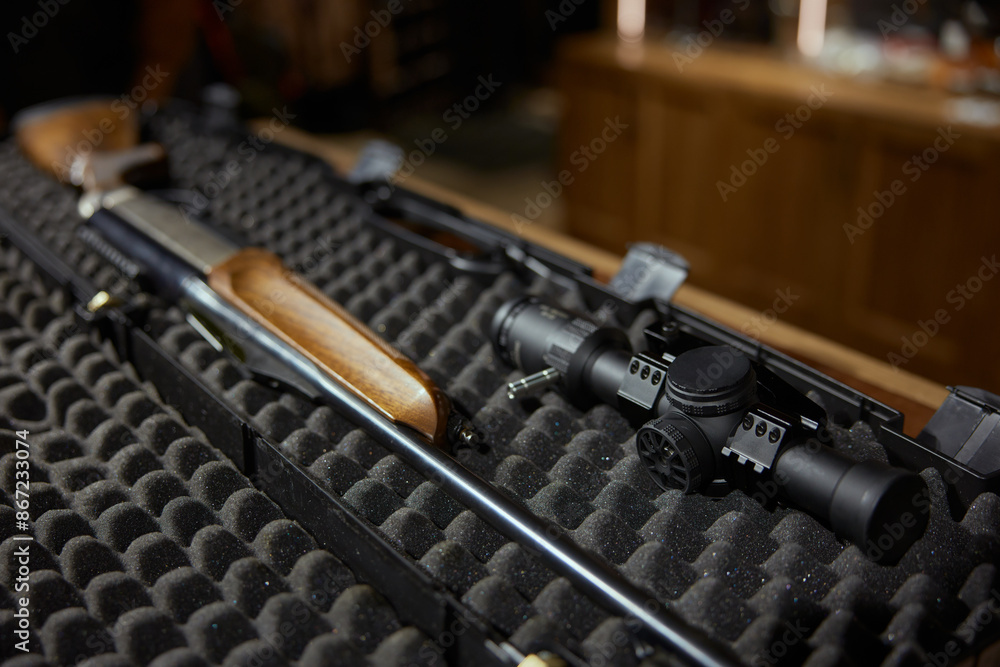 Naklejka premium Military shop, weapon store concept with opened case for gun machine