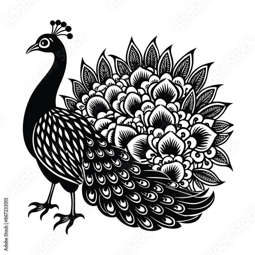 Create a highly detailed and vibrant illustration of a peacock displaying its magnificent tail feathers. The peacock should be in a lush garden setting, surrounded by blooming flowers and greenery.