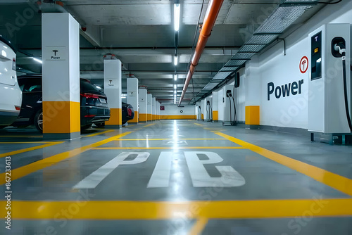 Modern underground parking lot with electric vehicle charging stations, white and gray colours, yellow lines on the floor, bright lighting, wide-angle lens, no people or vehicles inside, industrial