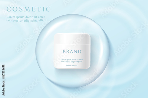 Cosmetic product ads template on blue water background with water drop.