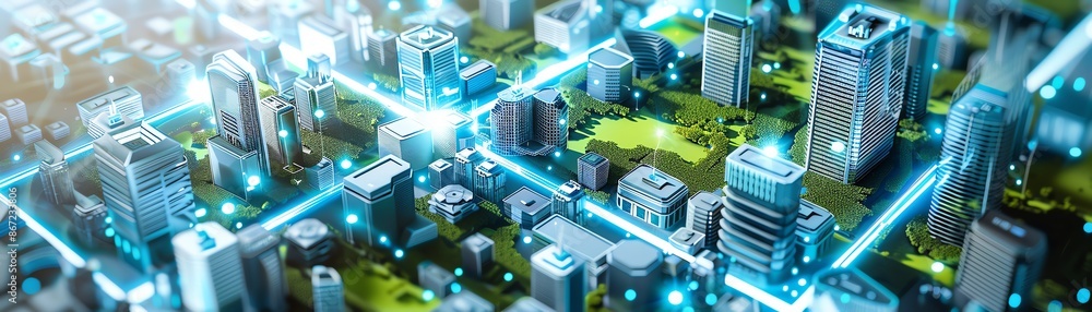 Futuristic smart city with an interconnected network of buildings and glowing pathways representing advanced technology and urban innovation. Futuristic smart city with an interconnected network of buildings and glowing pathways representing advanced technology and urban innovation.