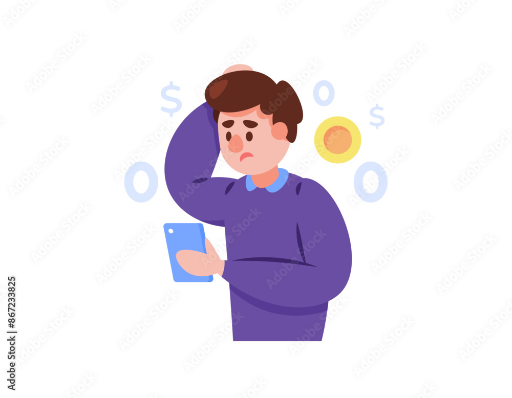 illustration of a man looking confused because he has run out of money. businessman with financial problems. account balance 0. economic problems and financial crisis. flat style character design illustration of a man looking confused because he has run out of money. businessman with financial problems. account balance 0. economic problems and financial crisis. flat style character design