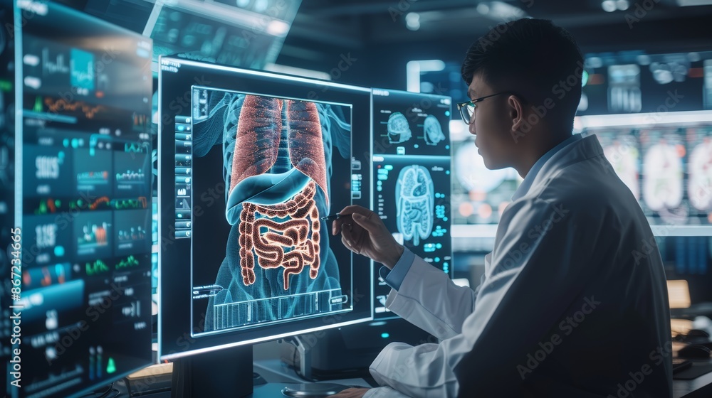 A doctor examines a digital image of human internal organs on a large screen in a futuristic medical lab. A doctor examines a digital image of human internal organs on a large screen in a futuristic medical lab.
