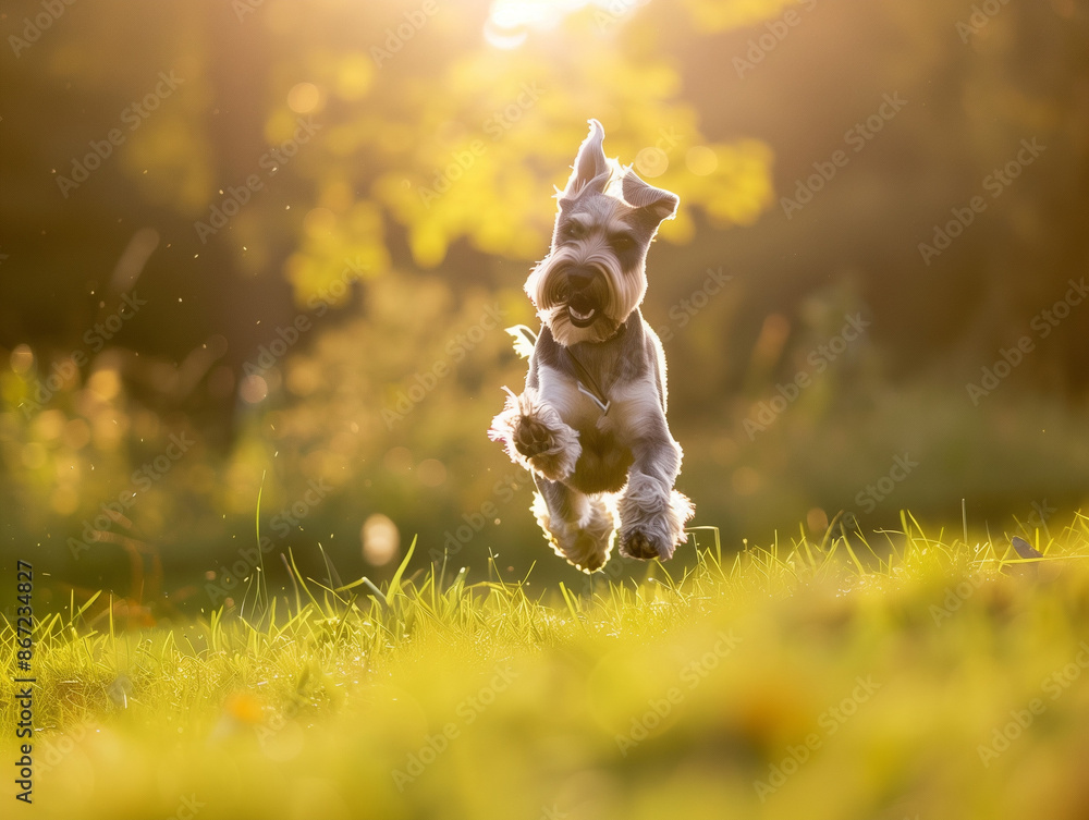 Full body shot of a Miniature Schnauzer, happily running in the soft sunlight. Full body shot of a Miniature Schnauzer, happily running in the soft sunlight.