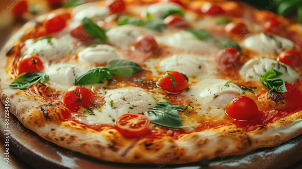 A close-up Margarita pizza in a restaurant. Fresh baked hot Italian Pizza with steam with buffalo mozzarella and basil, tomatoes, pizzeria A close-up Margarita pizza in a restaurant. Fresh baked hot Italian Pizza with steam with buffalo mozzarella and basil, tomatoes, pizzeria