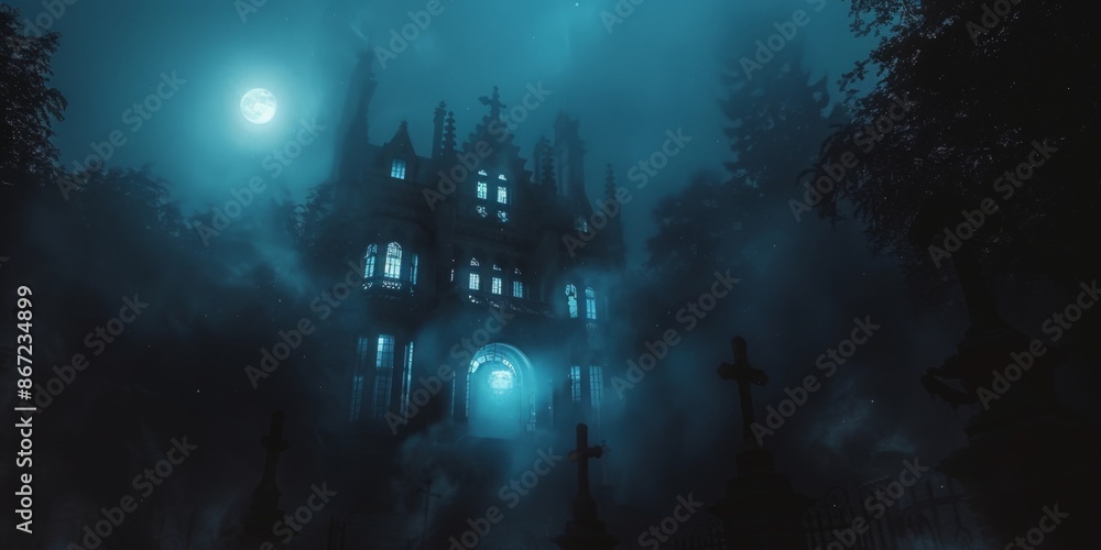 Obraz premium Gothic mansion in a pine forest, foggy evening, epic spooky atmosphere, grave crosses