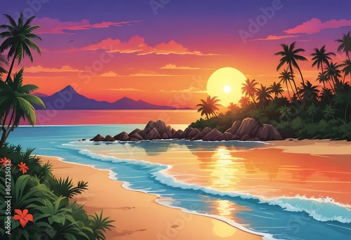 Fototapeta Naklejka Na Ścianę i Meble -  Colorful tropical sunset in palm trees forest and calm water reflection. Vector ocean beach landscape illustration for horizontal banner