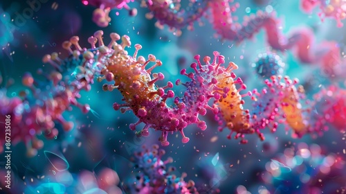 Abstract colorful biological structures, resembling seahorses, float in a vibrant blue liquid. © admin_design