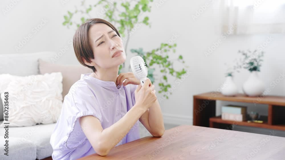 ハンドファンを使う若い女性 ライフスタイルイメージ ハンドファンを使う若い女性 ライフスタイルイメージ