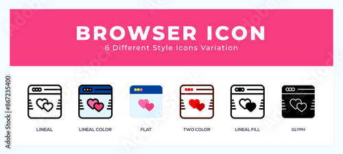 Browser icon set with different styles. Icons designed in filled. outline. flat. glyph and line colored.