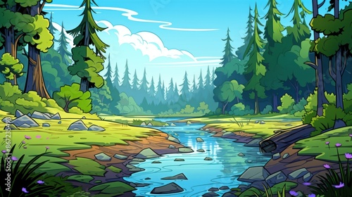 Cartoon illustration of a lush green forest with a flowing river, perfect for a children's book or animation project. Fantasy woodland background. photo