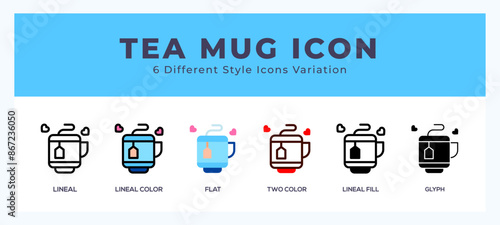 Tea mug icon set with different styles. Vector illustration.