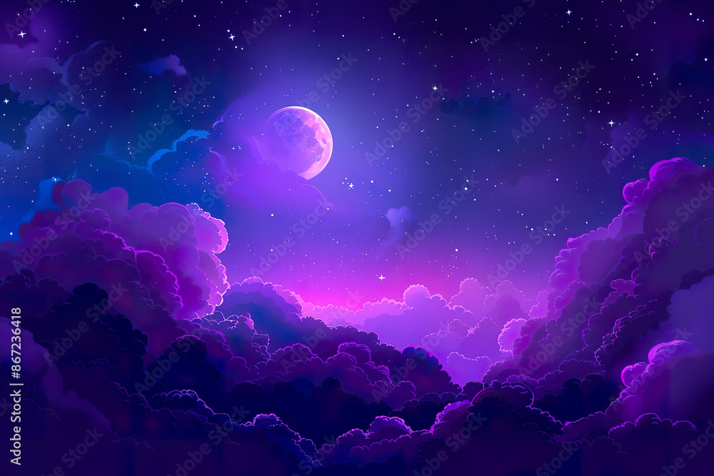 A purple sky with a large moon and many stars. A purple sky with a large moon and many stars.