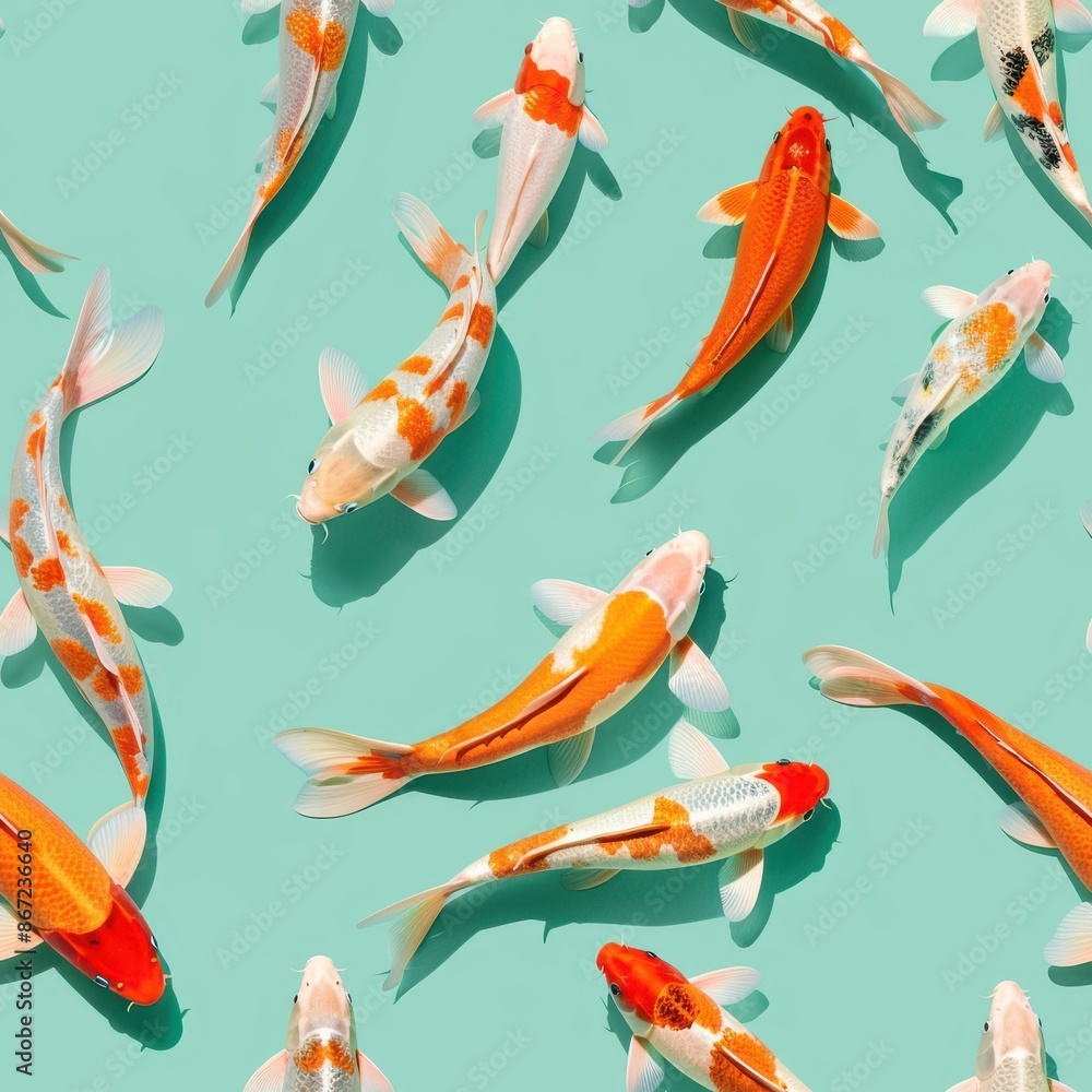 koi fish and whole, shot from above, making a fun pattern on a bright pastel color background, magazine cover photo koi fish and whole, shot from above, making a fun pattern on a bright pastel color background, magazine cover photo
