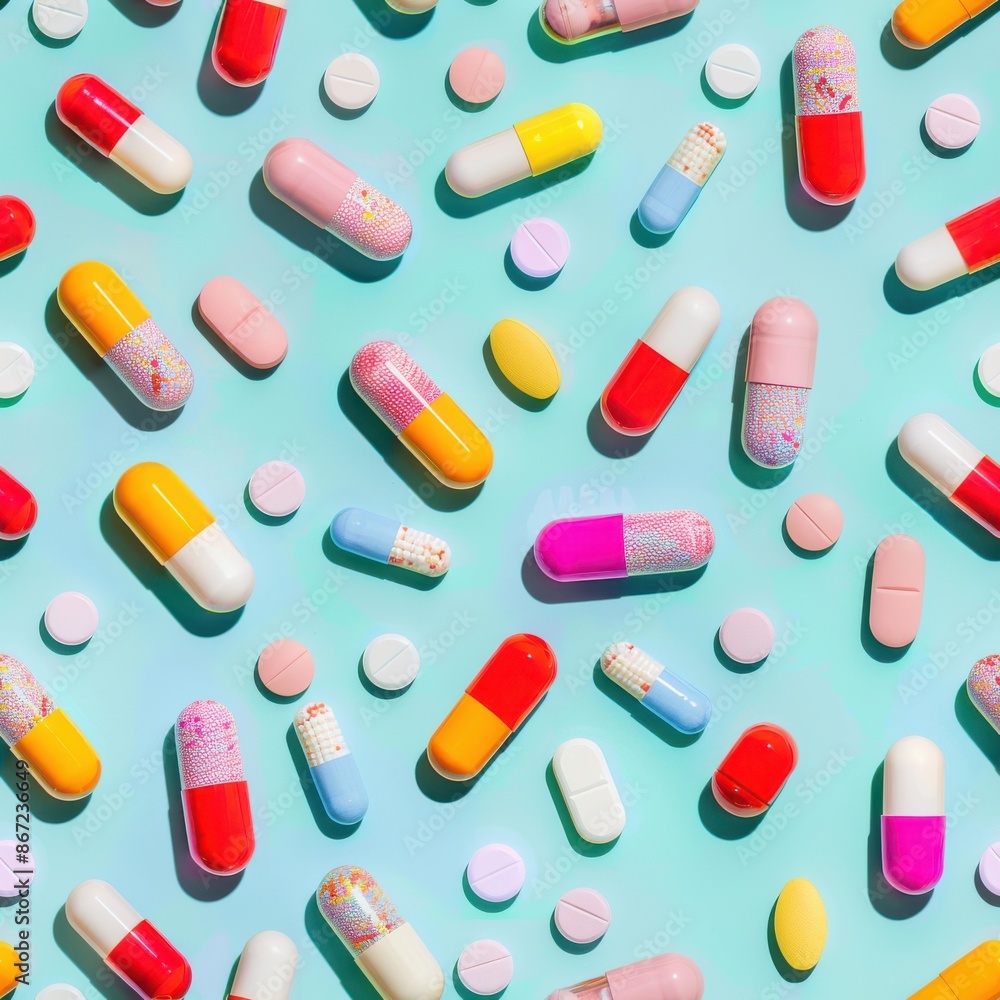 Colorful medicine bottles and pills, shot from above, making a fun pattern on a bright pastel color background, magazine cover photo Colorful medicine bottles and pills, shot from above, making a fun pattern on a bright pastel color background, magazine cover photo