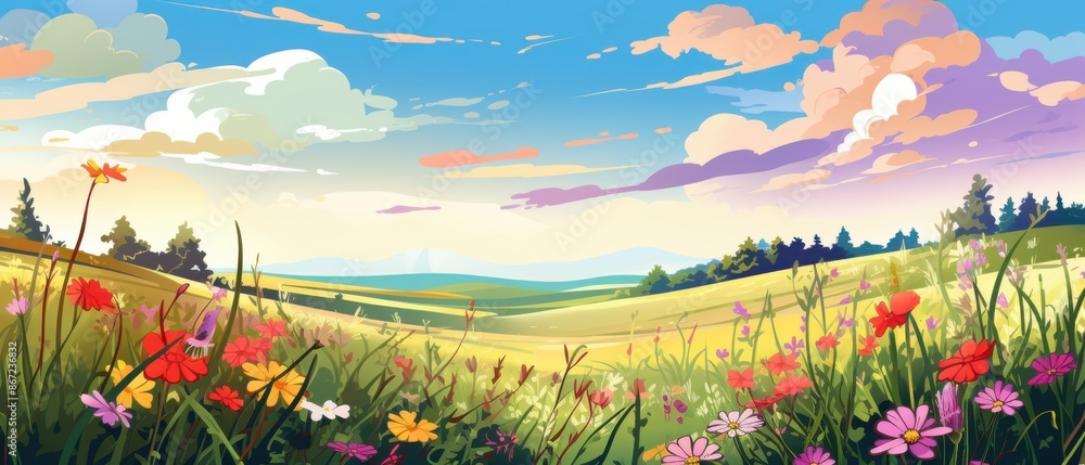 Naklejka premium Scenic landscape of a wildflower meadow with blue sky and clouds. Digital art illustration for backgrounds, wallpaper, nature lovers, and spring.