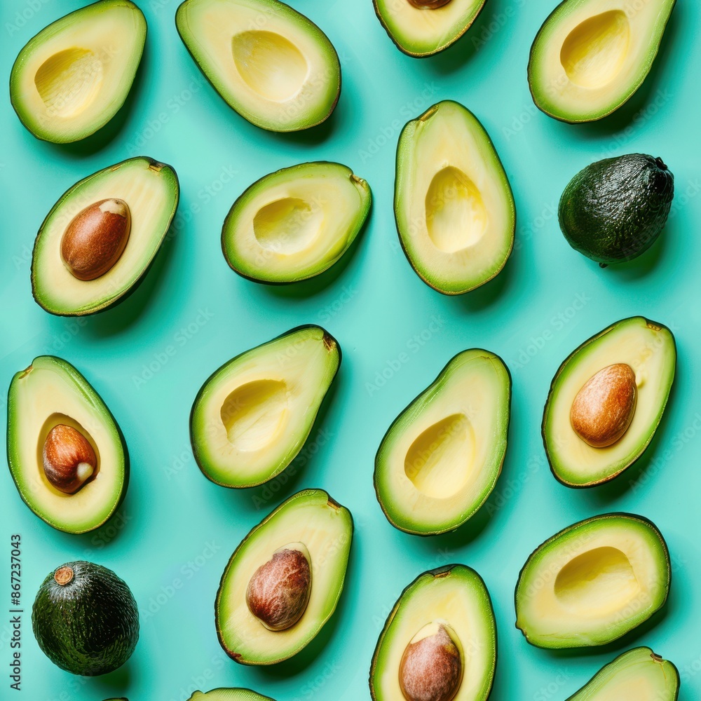 Avocado slices and whole, shot from above, making a fun pattern on a bright pastel color background, magazine cover photo Avocado slices and whole, shot from above, making a fun pattern on a bright pastel color background, magazine cover photo